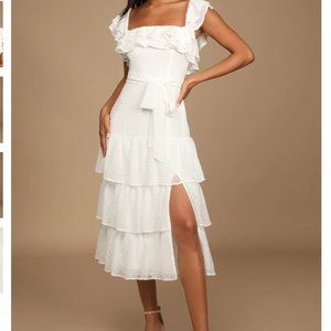 Lulu's Dear To My Heart White Swiss Dot Tiered Ruffled Midi Dress
